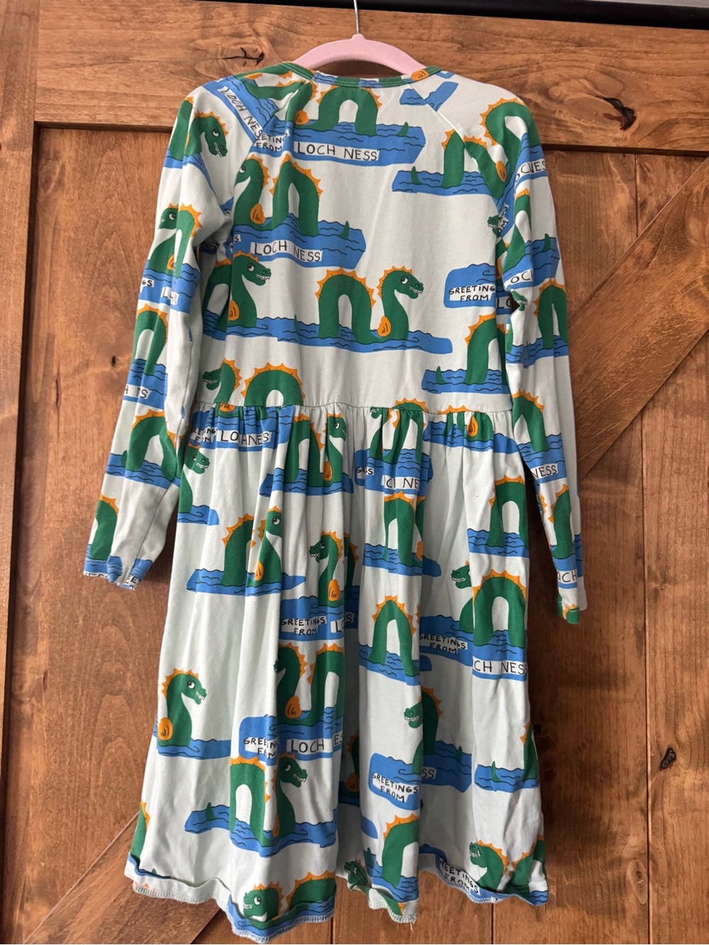 Mini Rodini Long Sleeve Dress with Loch Ness Monster Print - Green/Blue - Picture 2 of 4